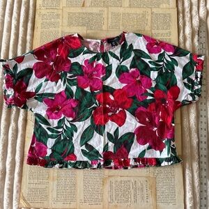 Tahari White Linen Top with Pink & Red Floral Ruffle Print, Size M